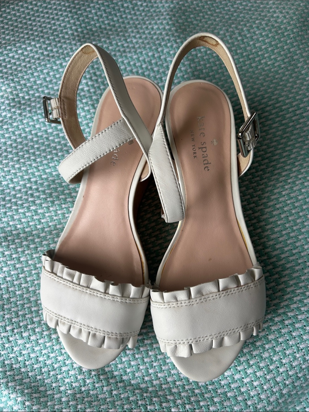 kate spade White Ruffle Front Cork Wedge Sandals - Picture 2 of 3
